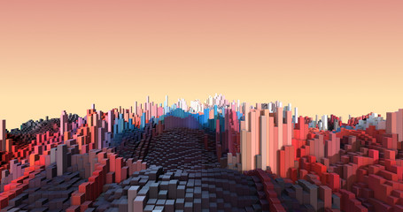 Abstract Aerial View Of 3D Metropolitan City. Complex Cube Shapes Forming Modern City. Technology And Industry Related 3D Illustration Render
