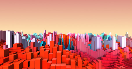 3D Complex City With Moving Colorful Cubes. Complex Cube Shapes Forming Modern City. Technology And Industry Related 3D Illustration Render