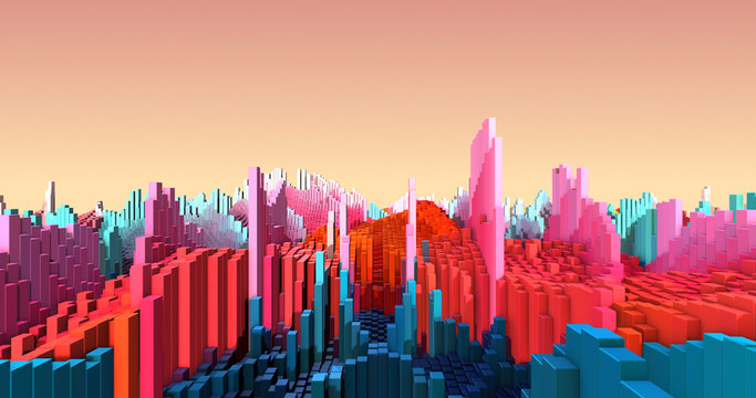 3D Complex City With Moving Colorful Cubes. Complex Cube Shapes Forming Modern City. Technology And Industry Related 3D Illustration Render © Yucel Yilmaz