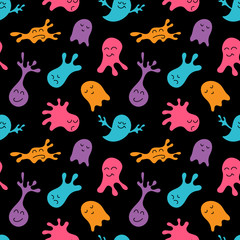 Cute funny cartoon colorful monsters for kids. Seamless pattern. Vector illustrations