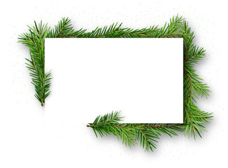 Fototapeta na wymiar Frame with Coniferous Twigs on White Background with Silver Glitters - Christmas Square Illustration