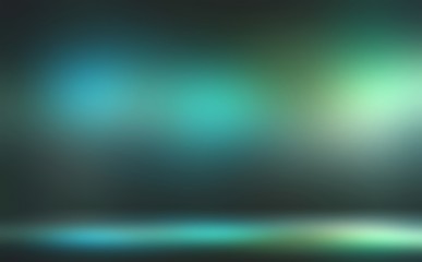 3d background secret green gleaming illustration. Spotlights reflection on wall and floor. Magical studio interior.