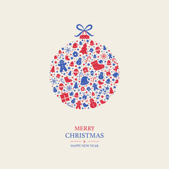 Beautiful Christmas ball made of festive elements. Xmas greeting card. Vector