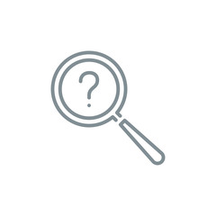question mark with magnifier glass outline flat icon. Single quality outline logo search symbol for web design or mobile app. Thin line design logo sign. Loupe lens icon isolated on white background.