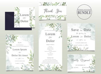Fototapeta na wymiar Elegant Wedding invitation card bundle with watercolor leaves