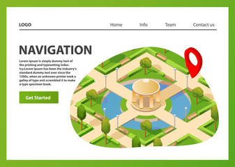Isometric map mobile GPS navigation. Public summer park navigator pin red color.Landing page template.Web page.Website template.Park alley with trees,With a pond and benches and an arbor vector.