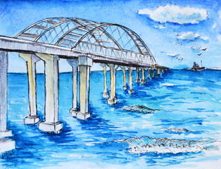  Crimean bridge sea landscape watercolor drawing illustration 