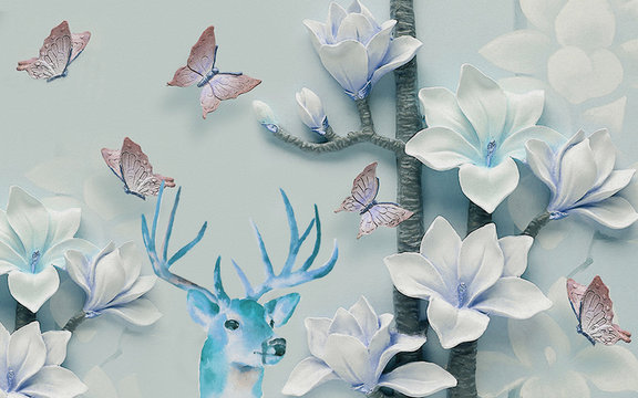 3d Illustration, Gray Background, Large White Flowers On A Branch, Brown Butterflies, Blue Deer Head With Horns