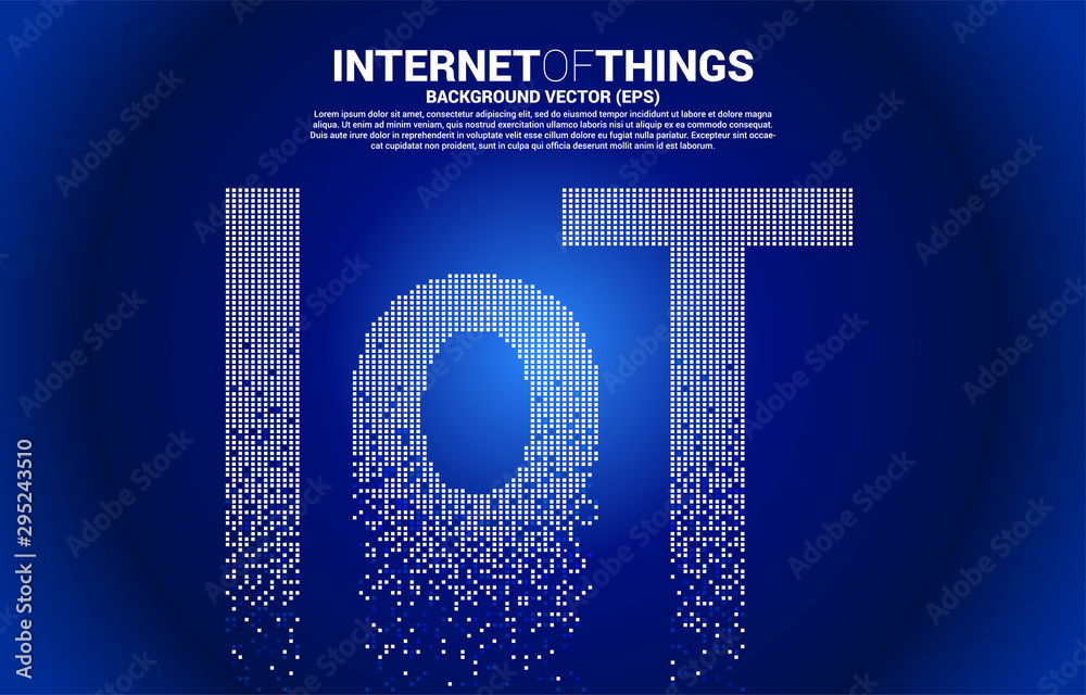 Poster IoT wording from small square pixel. Digital Concept for internet of Things Technology.