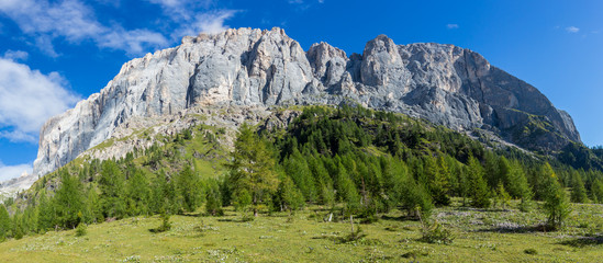 summer panorama of southern wall of Marmolada in Dolomites