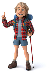 Fun backpacker with walking sticks - 3D Illustration