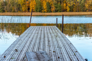 Dock and a Forest in Autumn on a Lake in Northern Europe