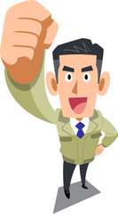 拳を掲げる工務店の男性