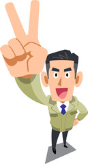 ピースサインを示す工務店の男性