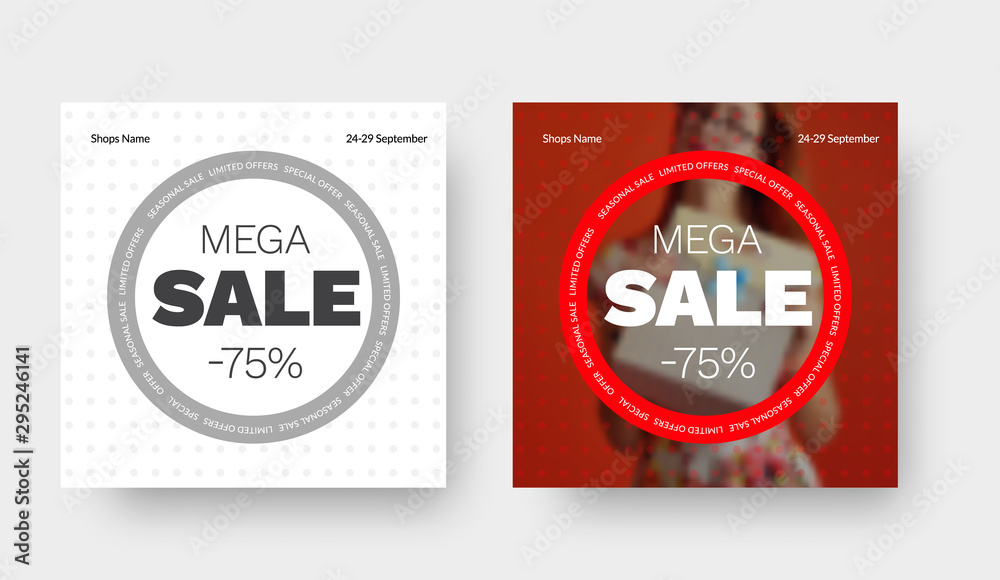 Poster layout of a vector square banner for a big sale with a red and gray circle, with a photo of a girl a