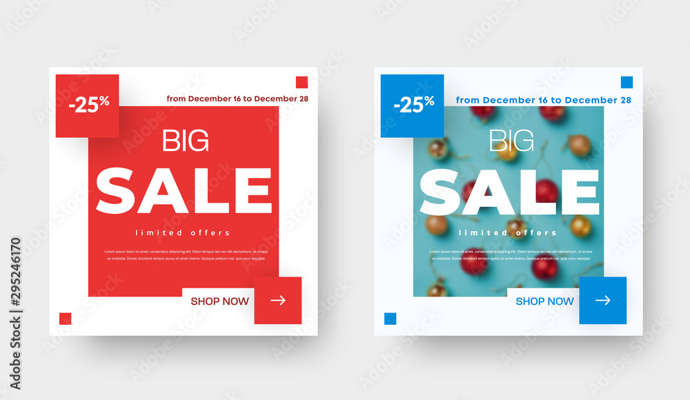Poster big sale square vector banner template with red and blue design elements.