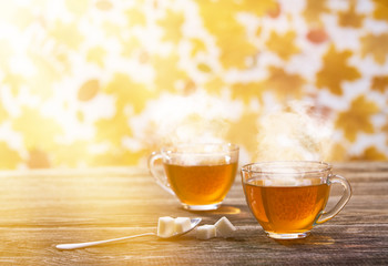 Couple cups of hot tea  on a autumn leaves background