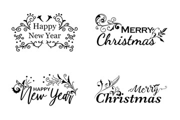 Hand Drawn Sketch Vintage Doodle Design Happy New Year and Merry Christmas Calligraphy and Lettering Collection. Black and White Line Art Vector Illustration.