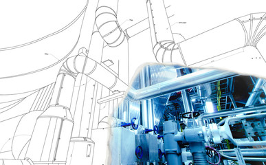 wireframe computer cad design of pipelines for modern industrial power plant