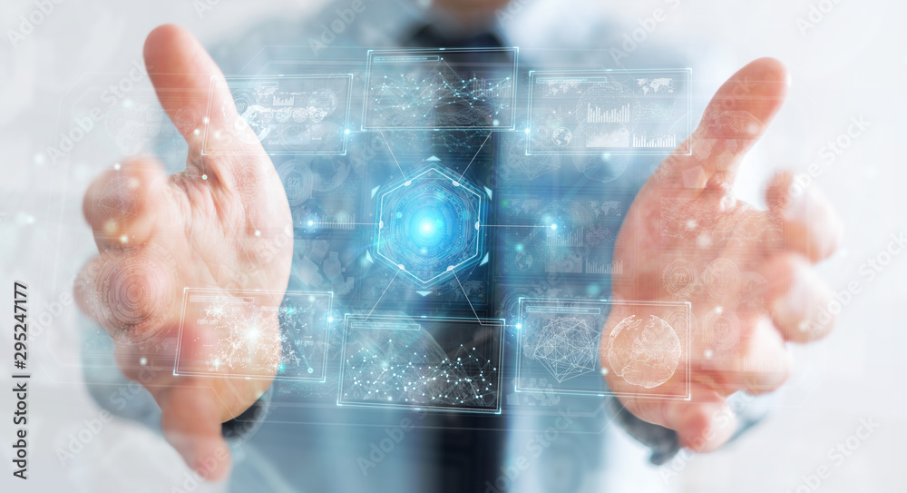 Poster Businessman using digital technological interface with datas 3D rendering