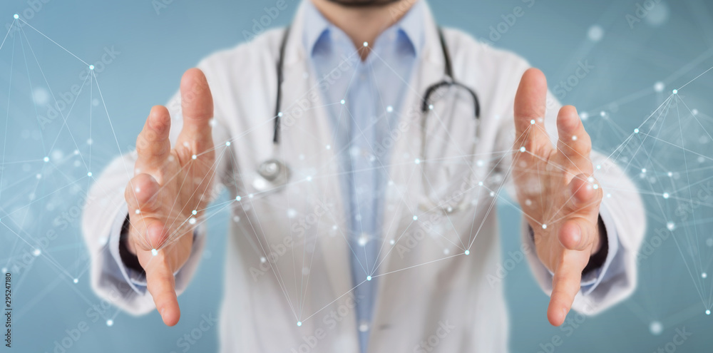 Fototapete scientist using floating digital network connections with dots and lines 3d rendering