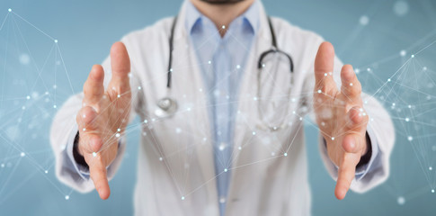 Scientist using floating digital network connections with dots and lines 3D rendering