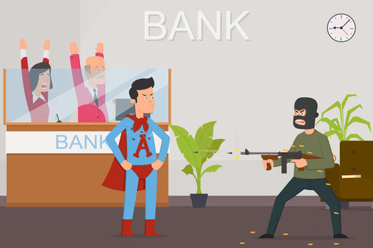 Superman Protects The Bank And The Hostages From Bandits.