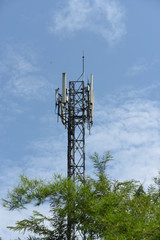 .Wireless Communication Antenna With bright sky.Telecommunication tower with antennas.	