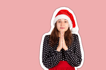 Gloomy cute and timid woman in dress holding hands in pray, asking for apology or help. Magazine collage style with trendy color background. holiday concept