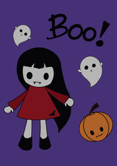 Little girl devil in a red skirt with two ghost spirit and pumpkin and text (boo) on violet background. The concept of Halloween.