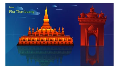 Fotobehang Laos travel landmarks. Flat design style. Illustration of Wat Phra That Luang, Patuxay monument in Vientiane and traditional costume of Laos. - Vector © Souliphong