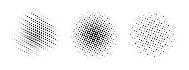 Vector halftone circles. Set of gradient dotted design elements. Black isolated dots