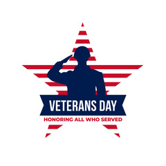 Happy veterans day honoring all who served retro vintage logo badge celebration poster background vector design. Soldier military salutation silhouette illustration with usa star flag graphic ornament - obrazy, fototapety, plakaty