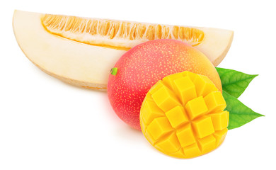 Composite image of piece of melon and curved mango, isolated on a white background. As package design element.