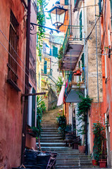 Fototapeta na wymiar Curved elevated stairs street full of outdoor elements like street lanterns, growing plants, balconies and windows telling their stories about the city life in Monterosso Al Mare, Cinque Terre