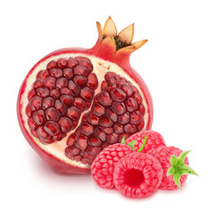 Composition with half of pomegranate and raspberry isolated on a white background. Antioxidant concept.