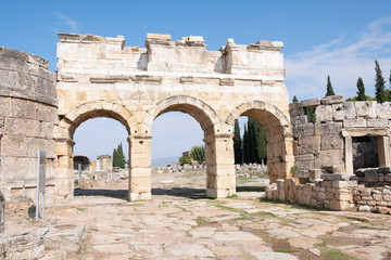 Old ancient ruins of roman City Hierapolis in Pamukkale, Turkey
