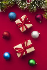 Top view colorful christmas balls and gifts