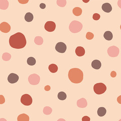 Polka dot, circles hand drawn vector seamless pattern. Circular geometrical simple texture. Earth terracotta coloured shapes on creamy background. Minimalist abstract wallpaper, background textile