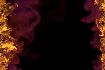 burning fireplace with dense smoke frame isolated on black background - fire lines from sides left and right, top and bottom are empty - fire 3D illustration