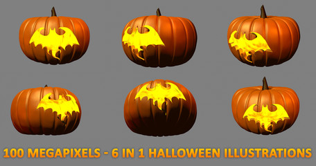 bat silhouette with light inside carved on Halloween pumpkins - 6 detailed isolated images, large scale 3D illustration of objects