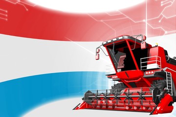 Obraz na płótnie Canvas Digital industrial 3D illustration of red advanced farm combine harvester on Luxembourg flag - agriculture equipment innovation concept