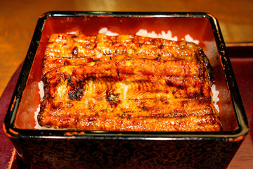 Closeup Broiled eels With Rice Delicious Famous Japanese Seafood Menu