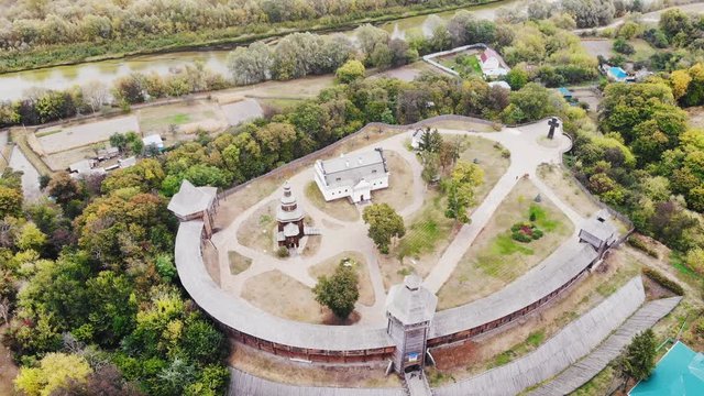 Gate and Tower in the Baturyn fortress aerial view, aerial view of Baturyn fortress, Citadel of Baturin Fortress on river Seim, wooden fortifications