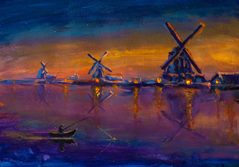 Fototapeta na wymiar Morning fishing on background of old windmills - acrylic oil painting on canvas. Fisherman in boat reflected in water of windmill. Cozy landscape illustration.