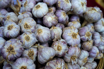 Closeup bunch of fresh organic garlics background.