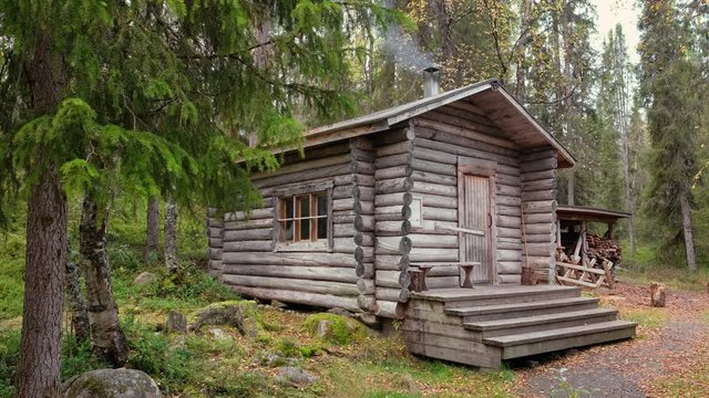Traditional wooden wilderness hut in Oulanka national park, Finland