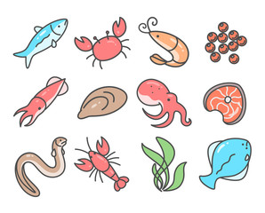 Cute seafood icon set