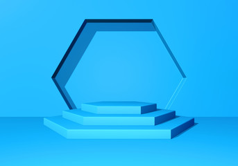 Pedestal or podium with steps and wall arch in the blue abstract background. 3D illustration