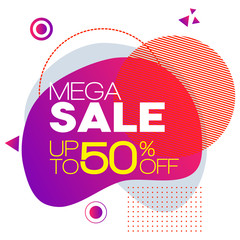  Mega Sale up to 50% off. Futuristic Gradient. Minimal Pattern. Neon Wave Brochure. Abstract Poster. Colorful Geometric Background. Violet Minimal Concept. 3d Fluid Banner.